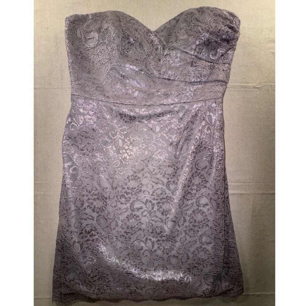 Davids Bridal Metallic Lace Strapless Sweetheart Cocktail Dress Lavender Grey 12